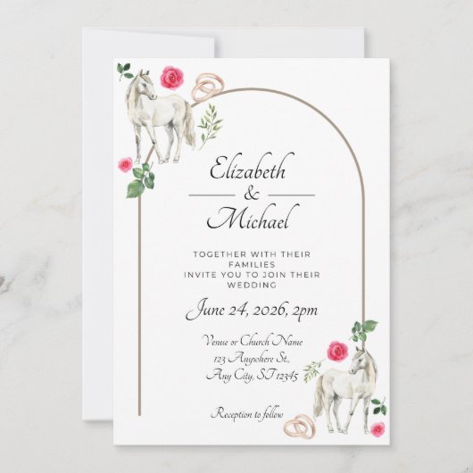 Rustic Equestrian Floral Pink Wedding Invitation 招待状 (正面)