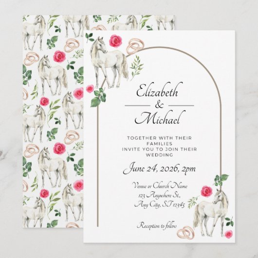 Rustic Equestrian Floral Pink Wedding Invitation 招待状 (正面/裏面)