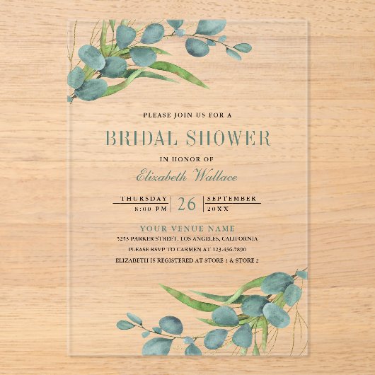 Rustic Eucalyptus Bridal Shower アクリル招待状 (正面)