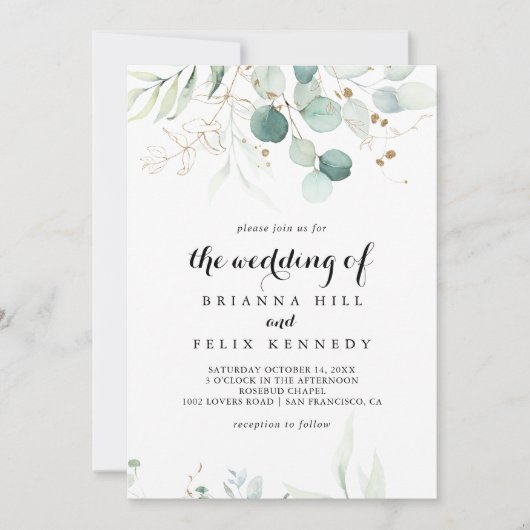 Rustic Eucalyptus Gold Floral The Wedding Of 招待状 (正面)