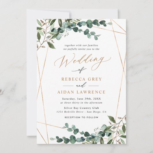 Rustic Eucalyptus Greenery Gold All-in-One Wedding 招待状 (正面)