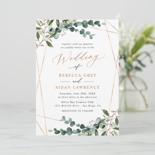 Rustic Eucalyptus Greenery Gold All-in-One Wedding 招待状 (スタンド正面)