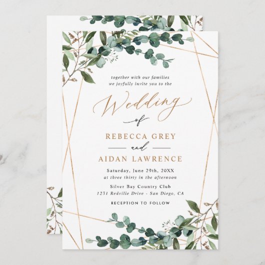 Rustic Eucalyptus Greenery Gold All-in-One Wedding 招待状 (正面/裏面)