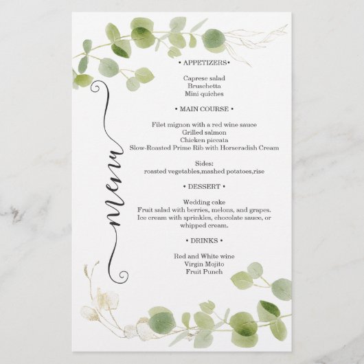 Rustic Eucalyptus Greenery Gold Chic Wedding Menu (正面)