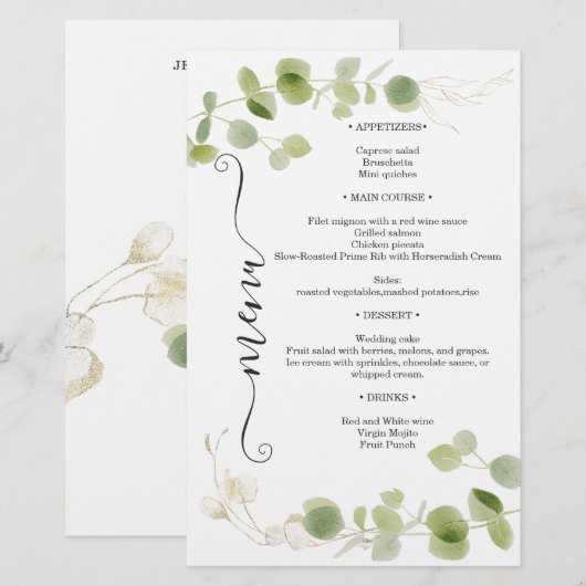 Rustic Eucalyptus Greenery Gold Chic Wedding Menu (正面/裏面)