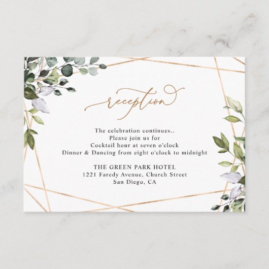 Rustic Eucalyptus Greenery Gold Wedding Reception エンクロージャーカード (正面)