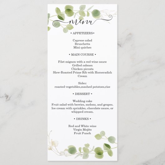 Rustic Eucalyptus Greenery Gold Wedding Reception メニュー (正面)