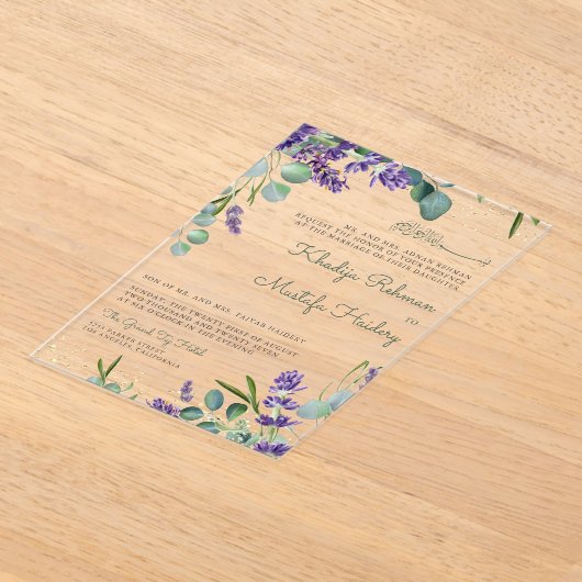 Rustic Eucalyptus Lavender Floral Islamic Wedding アクリル招待状 (レイダウン)