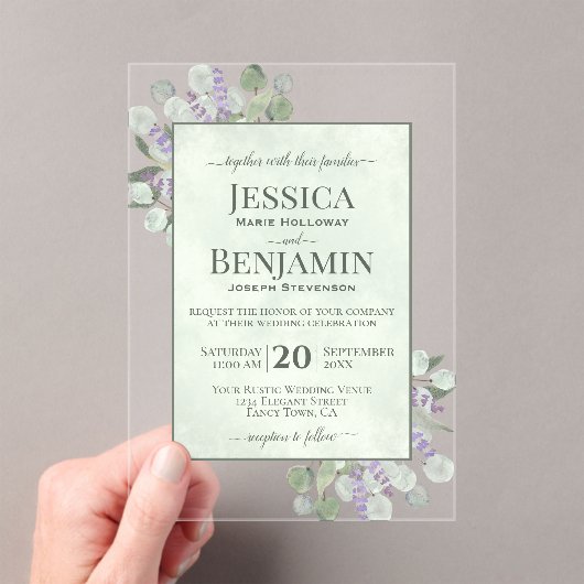 Rustic Eucalyptus & Lavender Stylish Text Wedding アクリル招待状 (インサイチュ (ポータブル))