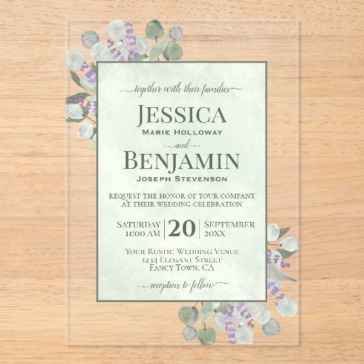 Rustic Eucalyptus & Lavender Stylish Text Wedding アクリル招待状 (正面)