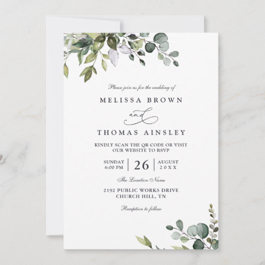 Rustic Eucalyptus Leaves Greenery QR Code Wedding 招待状 (正面)