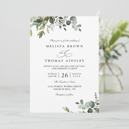 Rustic Eucalyptus Leaves Greenery QR Code Wedding 招待状 (スタンド正面)