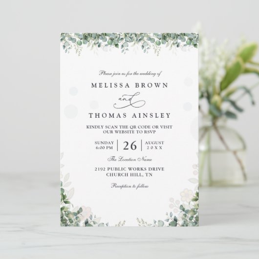 Rustic Eucalyptus Leaves Greenery QR Code Wedding 招待状 (スタンド正面)