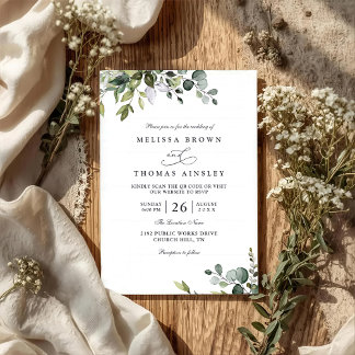 Rustic Eucalyptus Leaves Greenery QR Code Wedding 招待状