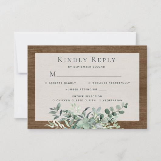 Rustic Eucalyptus Leaves Greenery Wood Wedding 出欠カード (正面)
