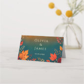 Rustic Fall Autumn Teal and Orange Leaves プレースカード (裏面)