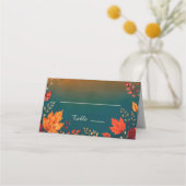Rustic Fall Autumn Teal and Orange Leaves プレースカード (正面)