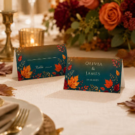 Rustic Fall Autumn Teal and Orange Leaves プレースカード