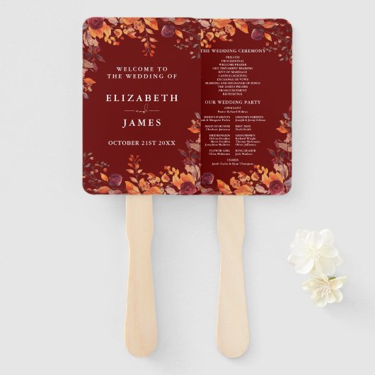 Rustic Fall Autumnal Burgundy Wedding Program ハンドファン (正面&裏面)