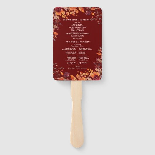 Rustic Fall Autumnal Burgundy Wedding Program ハンドファン (裏面)