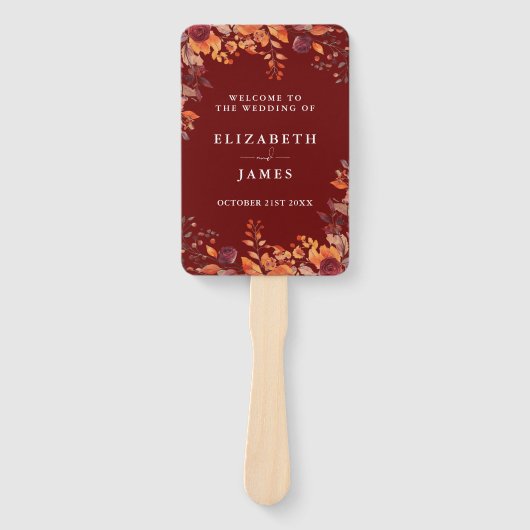 Rustic Fall Autumnal Burgundy Wedding Program ハンドファン (正面)
