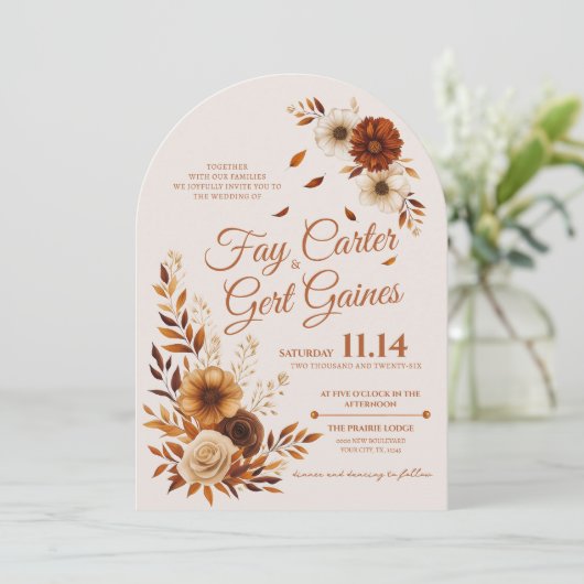Rustic Fall Burnt Sienna Beige Floral Wedding 招待状 (スタンド正面)