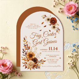 Rustic Fall Burnt Sienna Beige Floral Wedding  招待状
