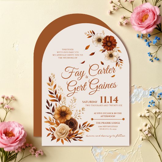 Rustic Fall Burnt Sienna Beige Floral Wedding  招待状