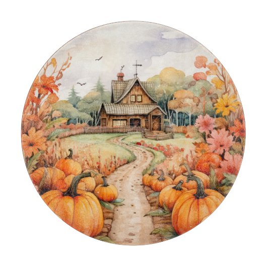RUSTIC FALL FARMHOUSE WITH AUTUMN PUMPKINS カッティングボード (正面)