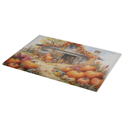 RUSTIC FALL FARMHOUSE WITH AUTUMN PUMPKINS カッティングボード (角)