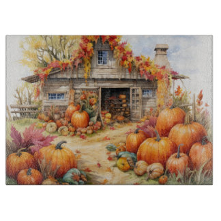RUSTIC FALL FARMHOUSE WITH AUTUMN PUMPKINS カッティングボード