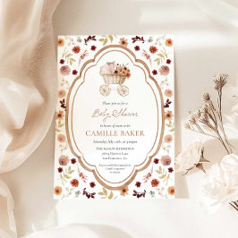 Rustic Fall Floral Burgundy Baby Shower Invitation 招待状