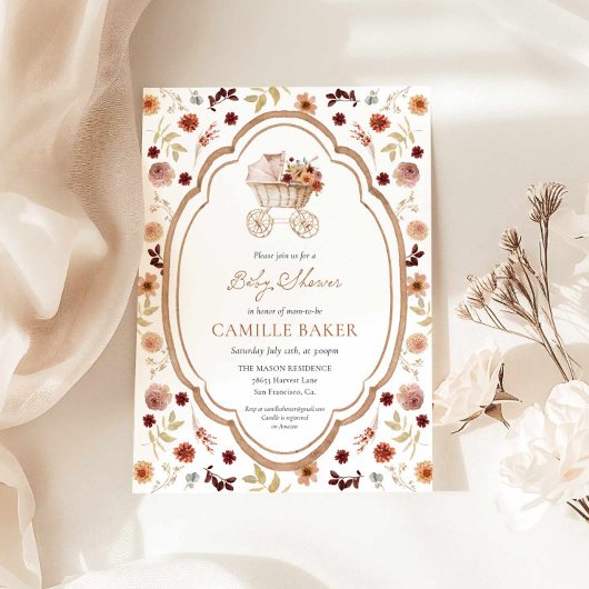 Rustic Fall Floral Burgundy Baby Shower Invitation 招待状