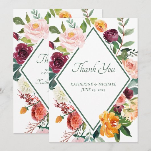 Rustic Fall Flowers Sage Green Thank You Card 招待状 (正面/裏面)