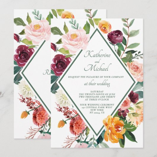 Rustic Fall Flowers Sage Green Wedding 招待状 (正面/裏面)