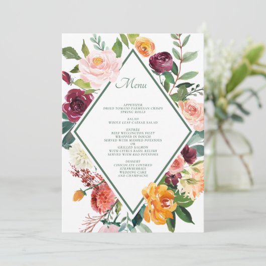 Rustic Fall Flowers Sage Green Wedding Menu Cards 招待状 (スタンド正面)