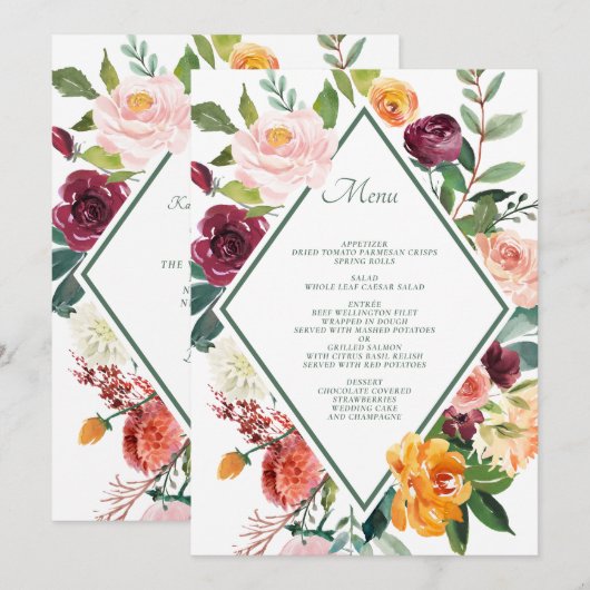 Rustic Fall Flowers Sage Green Wedding Menu Cards 招待状 (正面/裏面)