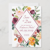 Rustic Fall Flowers Wine Red Save The Date Cards 招待状 (正面)