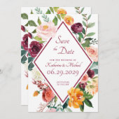 Rustic Fall Flowers Wine Red Save The Date Cards 招待状 (正面/裏面)