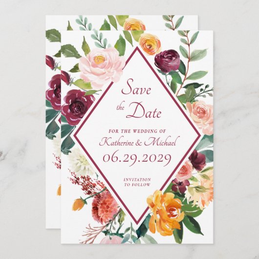 Rustic Fall Flowers Wine Red Save The Date Cards 招待状 (正面/裏面)