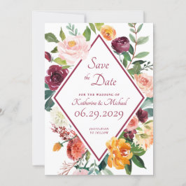 Rustic Fall Flowers Wine Red Save The Date Cards 招待状