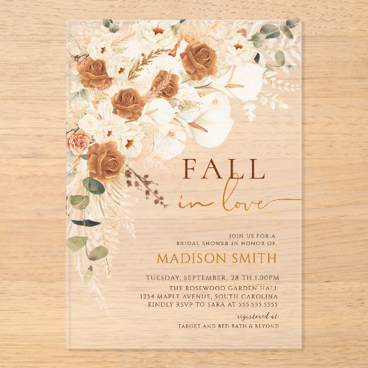 Rustic Fall in Love Bridal Shower Autumn Boho アクリル招待状 (正面)