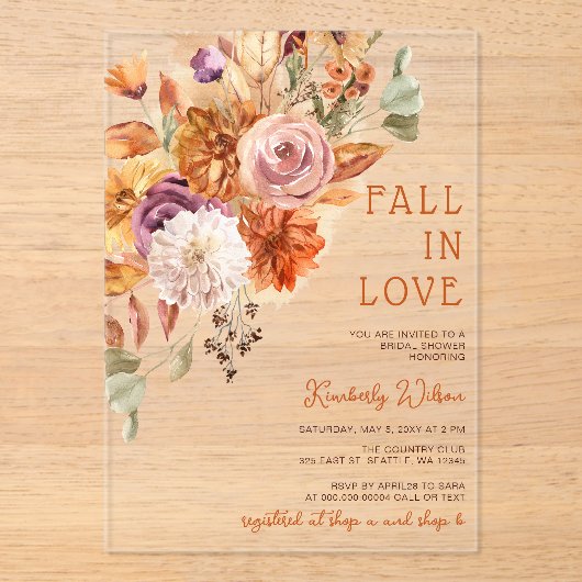 Rustic Fall in Love Pumpkins Fall Bridal Shower アクリル招待状 (正面)