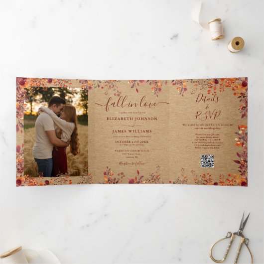 Rustic Fall In Love QRコード付き2枚の写真の結婚式 三つ折り招待状 (内部)