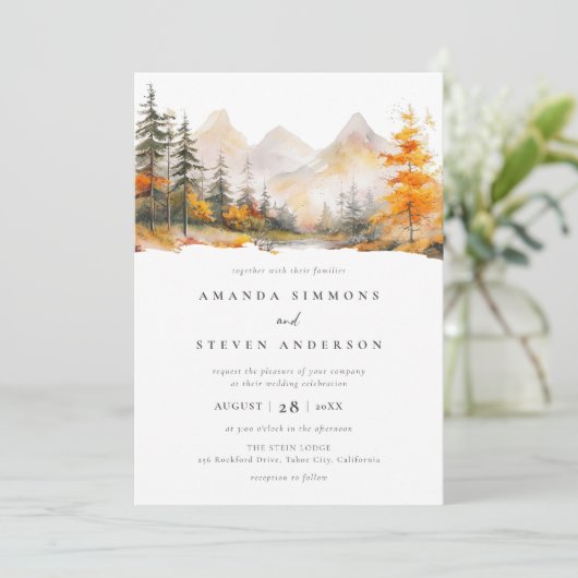 Rustic Fall Mountain Pine Forest Photo Wedding 招待状 (スタンド正面)