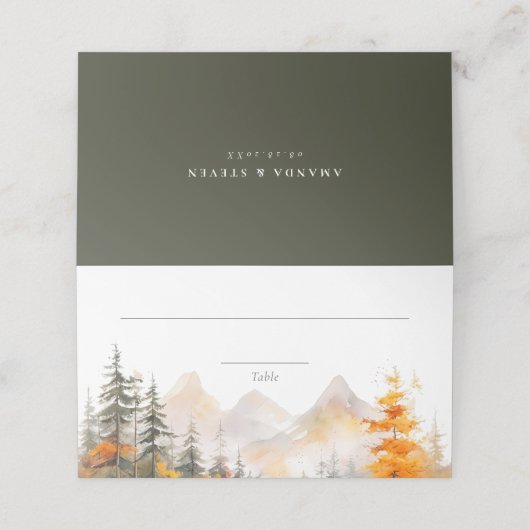 Rustic Fall Mountain Pine Forest Wedding プレイスカード (外部開封)