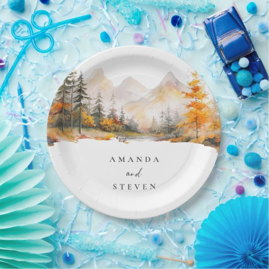 Rustic Fall Mountain Pine Forest Wedding ペーパープレート (パーティー)