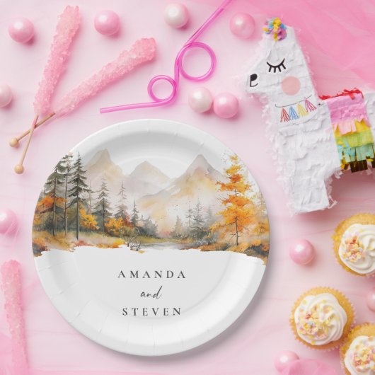 Rustic Fall Mountain Pine Forest Wedding ペーパープレート (パーティー)