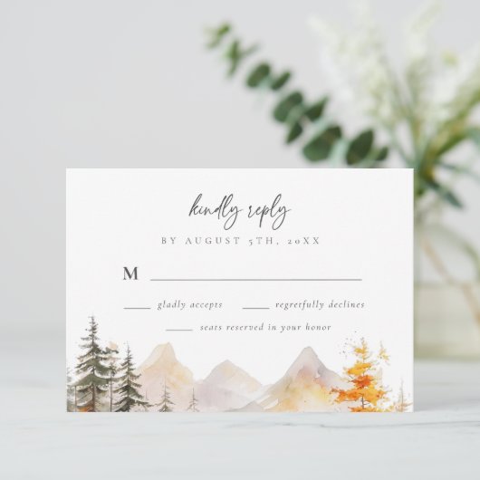 Rustic Fall Mountain Pine Forest Wedding 出欠カード (スタンド正面)