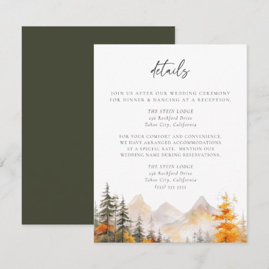 Rustic Fall Mountain Pine Forest Wedding Details エンクロージャーカード (正面/裏面)